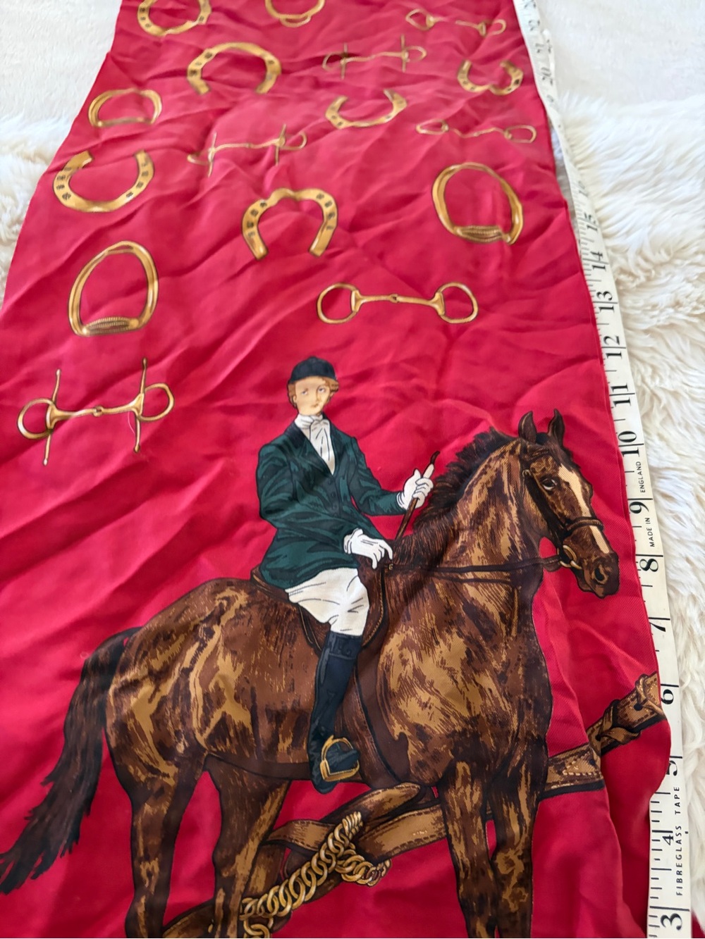 Equestrian Print Red Silk Scarf by Ralph Lauren Vintage ascot - Picture 12 of 14